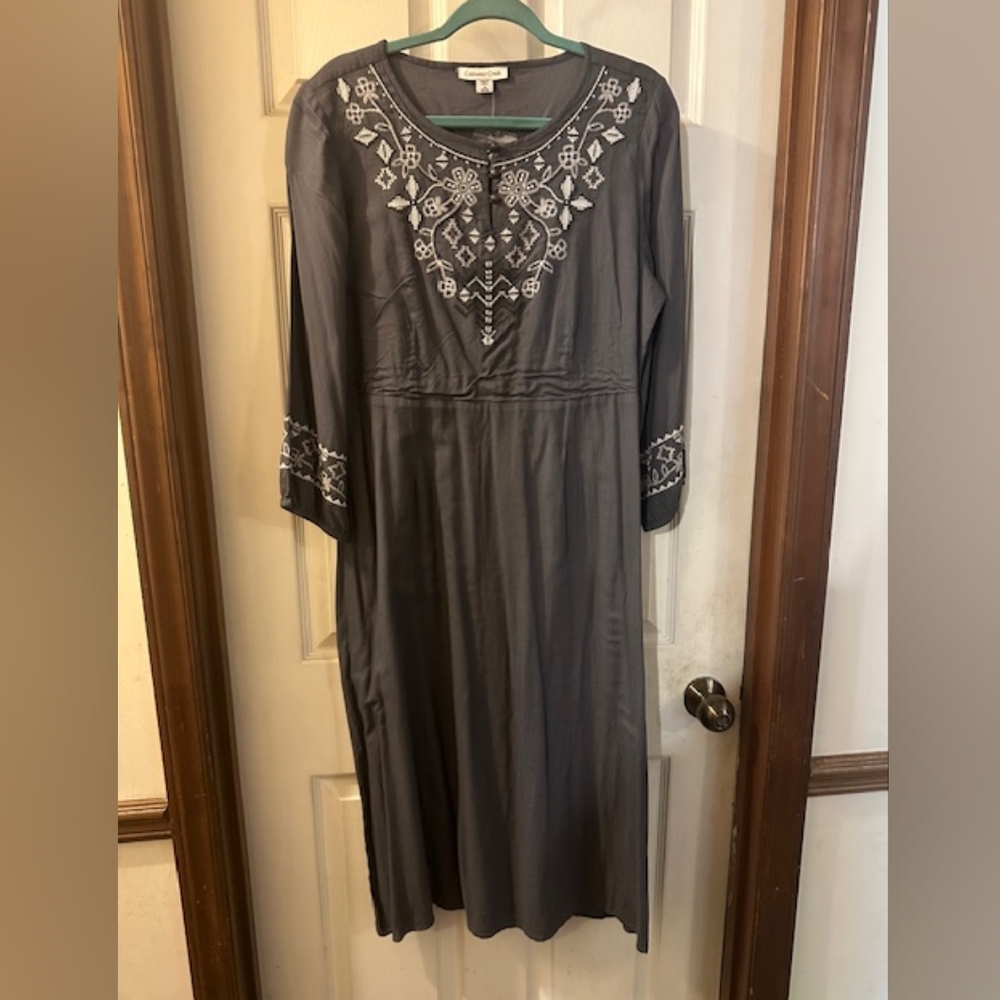 Coldwater Creek Charcoal Embroidered Long Sleeve Dress